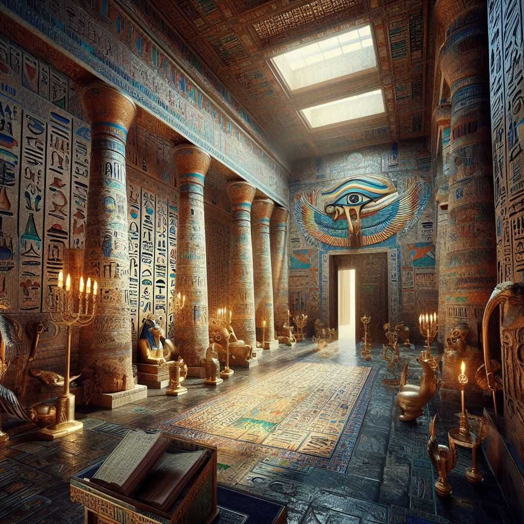 Antiguo templo egipcio con jeroglíficos y amuletos mágicos