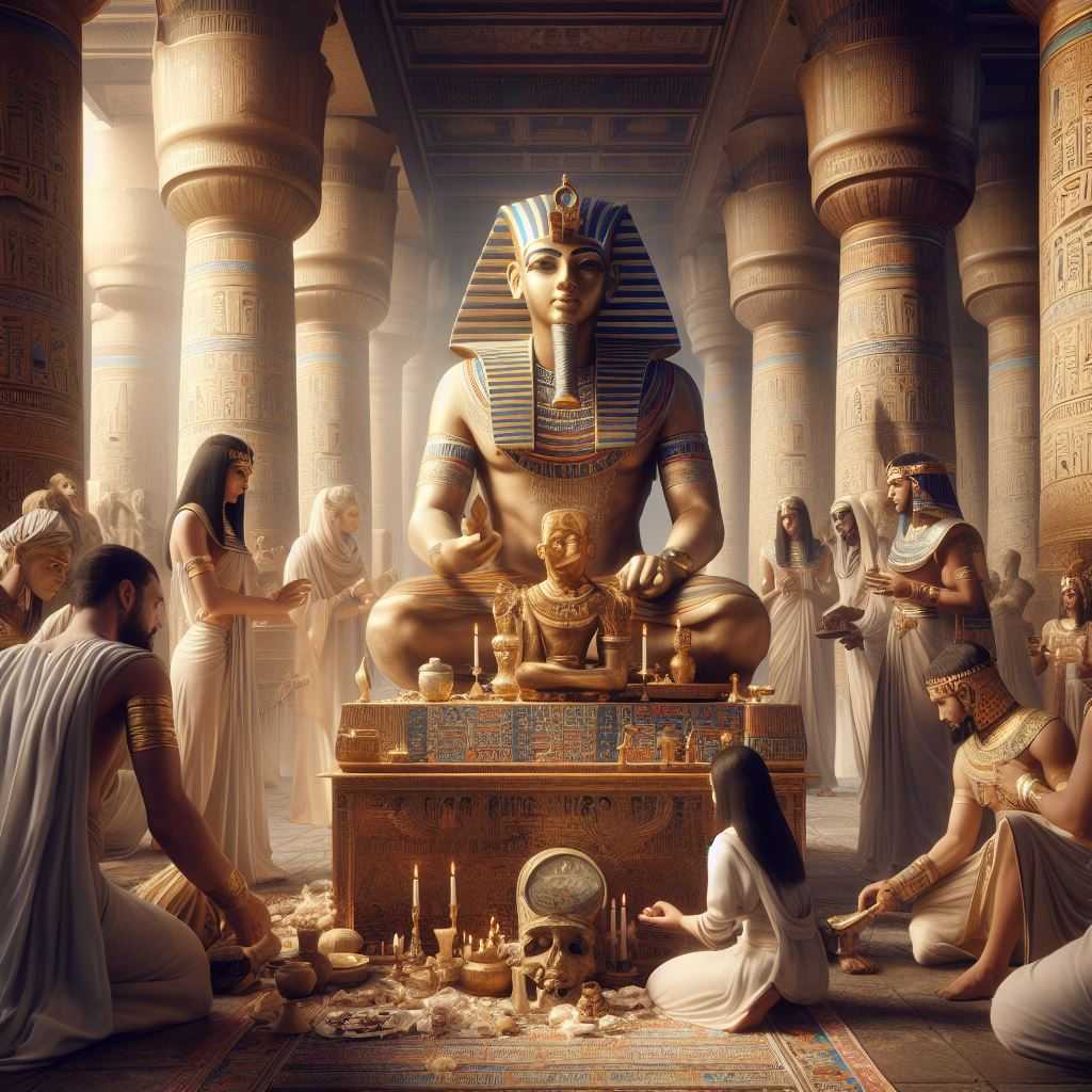 Familia egipcia realizando ofrendas y rituales en altar sagrado