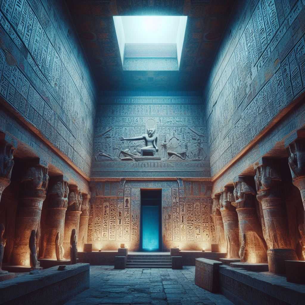Antiguo templo egipcio con jeroglíficos y juicio de Osiris