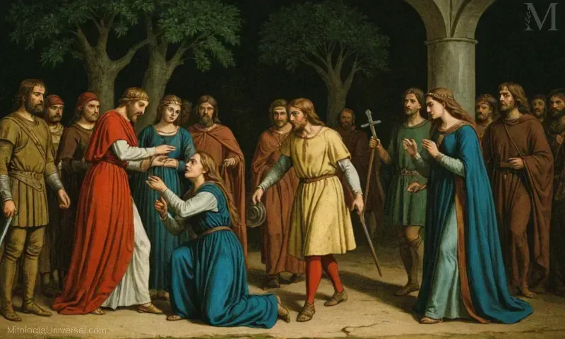 Ilustración vintage de una leyenda sobre Eumenea (no claramente identificable) con consecuencias trágicas para Abas. Esto se relaciona con el folclore medieval y la mitología.