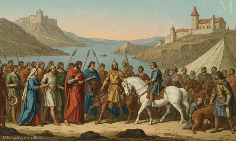 Ilustración vintage que representa La Narrativa de Pausanias de Abas, una fusión de mitología, historia y leyenda.