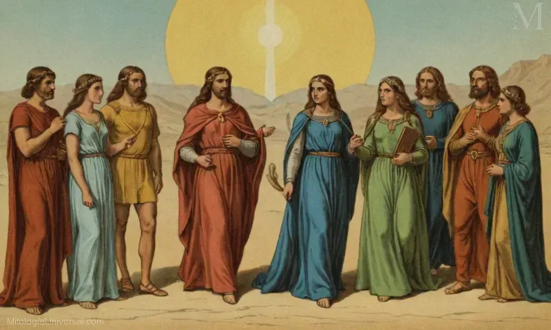 Ilustración vintage de El papel de la mitología en la sociedad de Acamos (Mitología completa online) - conectando la mitología a la sociedad a través de una plataforma online.