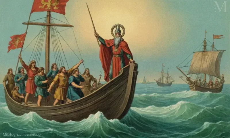 Ilustración vintage de la deidad El Escudo de Aegir en la mitología nórdica. Las funciones incluyen la protección de los marineros y los buques de ayuda perdidos en el mar.