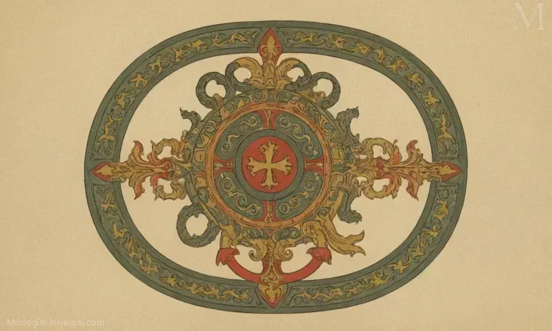 Ilustración vintage de Aegishjalmur, el emblema de la protección y el poder en la antigua mitología nórdica.