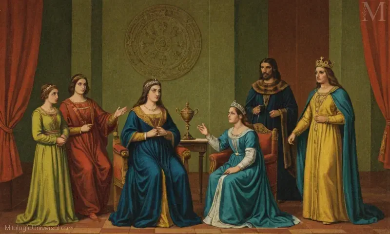 Ilustración de El Sacrificio de Alcestis, un mito histórico en el que Alcèstis se sacrifica por su marido para recuperar su amor. Por el autor español João Raimundo Pinto de Melo (1876-1925), considerado como uno de los grandes novelistas españoles.