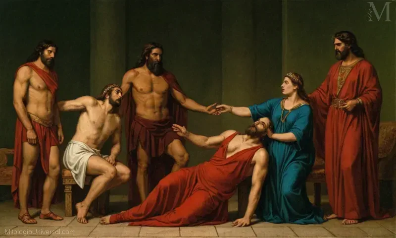 Imagen vintage de El sacrificio de Heracles a la llegada de Ares (Historia de la reina mítica). Se trata de la historia mitológica griega que gira alrededor de Heracles, su esposa Stheneva y sus dos hijos. Heracles sacrifica a uno de sus hijos para salvar a los otros dos de ser asesinados por los dioses en represalia por la muerte de los padres de Heracles.