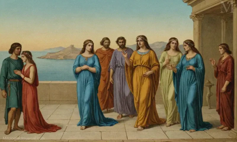 Ilustración de La Descenso al Inmundo de Alcestis por Jean de Thesée, representando el mito de Alcestis sacrificándose por su vida de maridos en la antigua mitología griega.