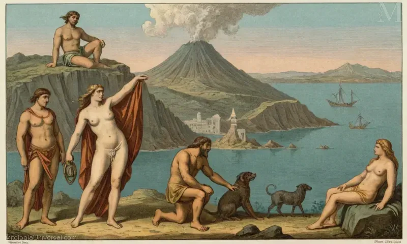 Grabado vintage que representa El Fin de Alcyoneus de Alcioneo, un gigante mitológico de la mitología griega y romana. Cuenta con elementos como una mujer monstruosa llamada Alcione, la ninfa Hesperida Alcynthis, y los volcanes de Megara y Thessaly.