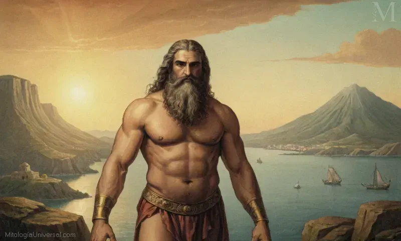 Ilustración de Alcioneo, un antiguo gigante de la mitología griega, incluyendo detalles mitológicos como la gigantessa, mitos y vesuvio.