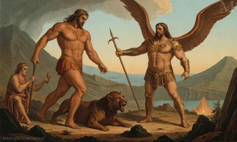 Ilustración de la historia mitológica griega de La Gigantomachia con Alcioneo (Gigante), Mito y Vesuvio.