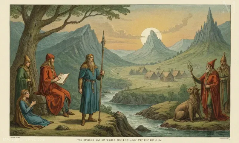 Ilustración vintage que representa el reino mágico de Alfheim y su población elfina en la mitología nórdica.