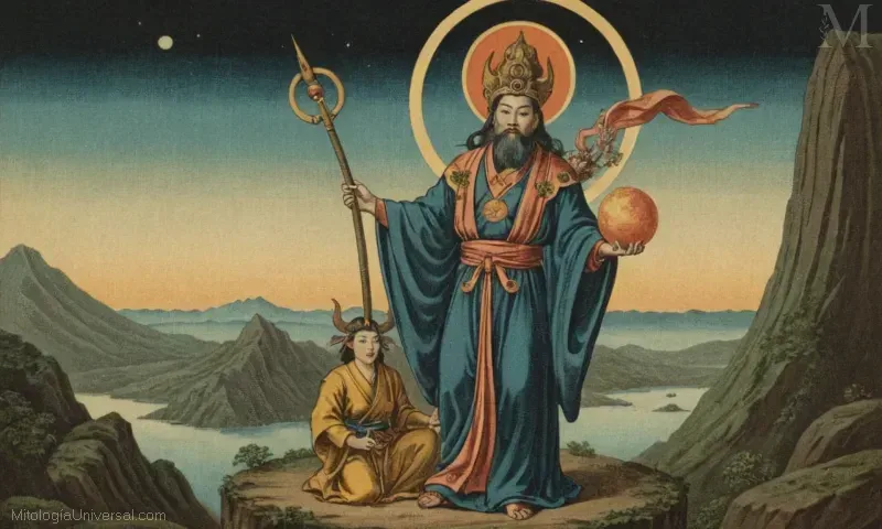 Ilustración vintage de la deidad japonesa Amateru con el descenso en la tierra, mostrando la doble naturaleza de la luz / oscuridad.