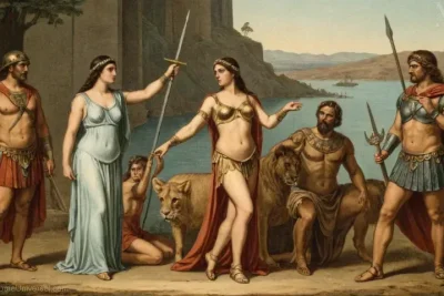 Ilustración de Amazonas - una diosa amazónica representando guerreros y Ares mitológicos (Dios romano de la guerra).