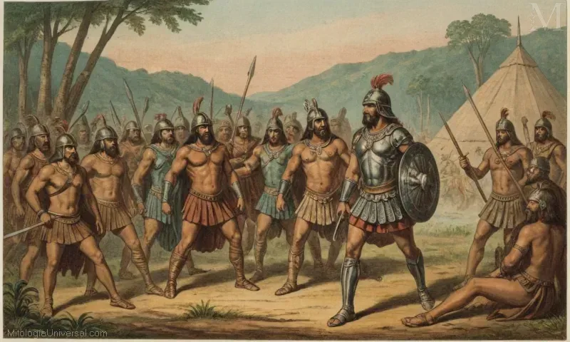Ilustración vintage que compara antiguas figuras mitológicas con mapas geográficos contemporáneos de Sudamérica. Los personajes son Orfeo, Hades, y sus respectivos amores Prosymna (Amazón) y Afrodita. La figura de Ares representa la guerra entre países.
