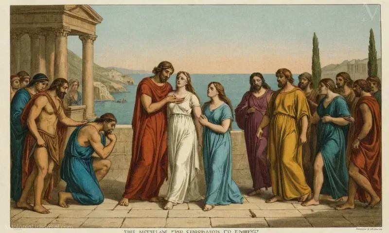 El grabado Vintage de Mitología Universal crónica Sus sumisión desesperada a Enees. Un cuento fusionando historia y mito en la mitología griega.