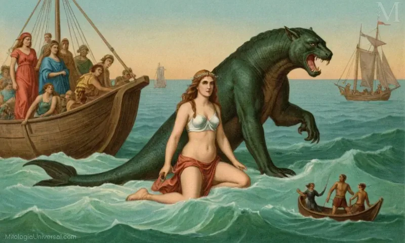 Imagen vintage de un resumen de Andromeda: El Rescate Místico y la leyenda, detallando el mito griego de una princesa que fue capturada por una monstruosa bestia en el mar hasta que fue rescatada por un héroe.