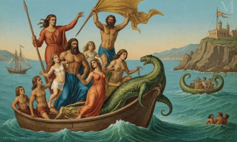 Obras de arte vintage que muestran Orígenes y su familia de la leyenda Andromedas en la mitología griega. Representa su rescate de los monstruos marinos furiosos que buscaban devorarlos.