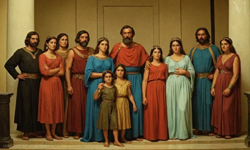 Ilustración vintage de Orígenes y su familia como continuación de la historia del héroe griego. Orígenes y Familia de Anfitrión: Historia y Legado del Héroe Griego se trata del legado histórico y cultural de los héroes griegos.