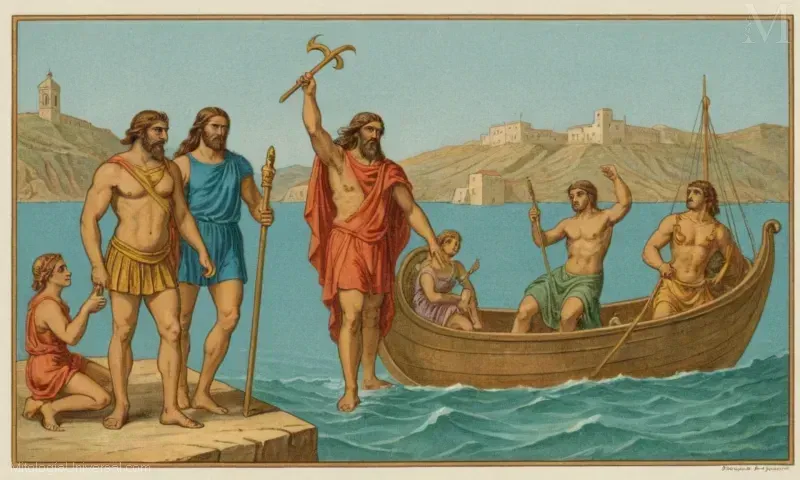 La diosa mitológica griega Ariadne guía a Teseo, mientras que los Nereids anfibólicos representan el agua en la mitología griega.
