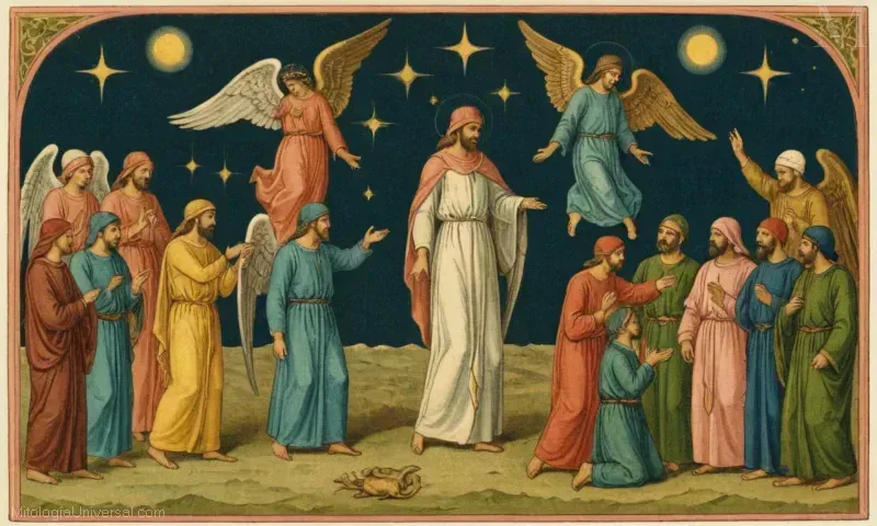 Ilustración vintage que representa a ángeles y humanos en la angelología islámica. La imagen representa a estos seres celestiales interactuando con las almas humanas y representa la interacción entre los reinos humanos y celestiales en las creencias religiosas islámicas.