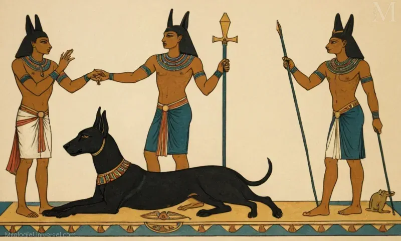 Ilustración que representa El rol de los muertos (Dios, Muerte y Más Allá), tema encontrado en el antiguo arte funerario egipcio. Representa la transición de las almas a la vida después de la muerte.