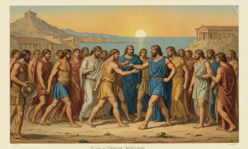 Ilustración con Triton (Achelous) y Poseidon (Titã) de la mitología griega.