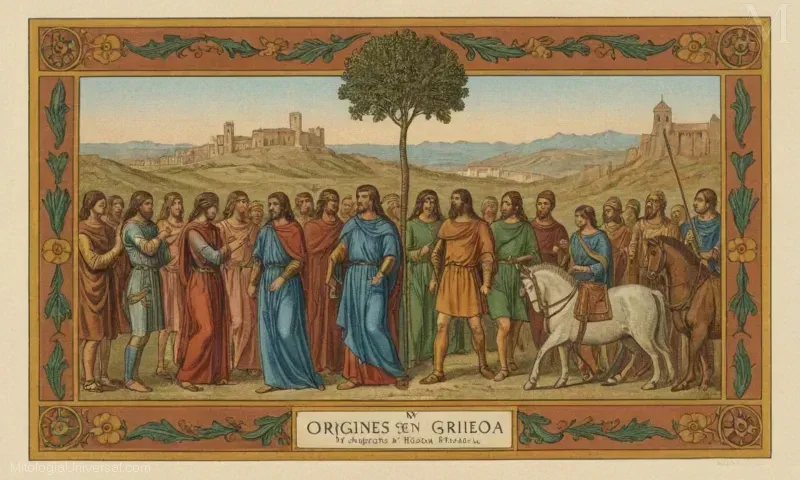 Ilustración que representa Achelous (Titán), uno de los dioses griegos asociados con tormentas y relámpagos, junto con otras figuras mitológicas griegas.