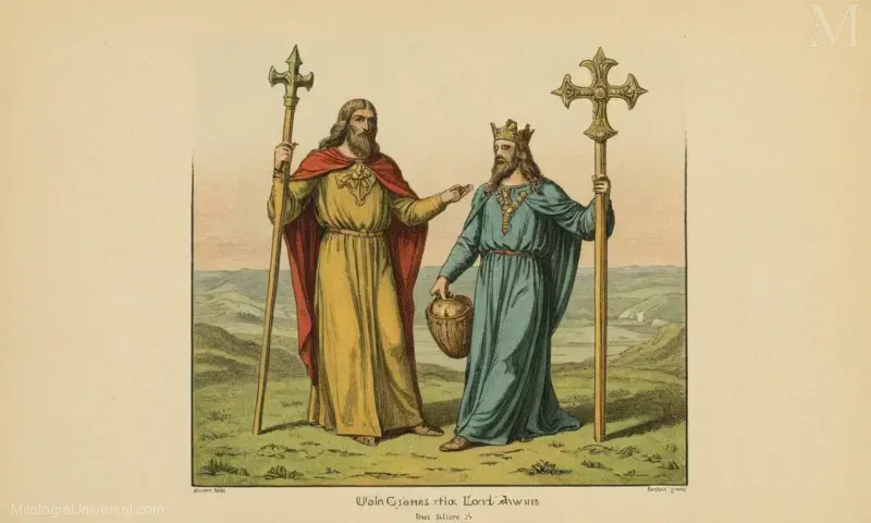 Vintage ilustración de la figura mitológica galesa Arawn (Origenes), el señor de Annwn. Esta descripción de una línea se refiere a una pieza con esta figura de la antigua mitología galesa, donde Arawn representa el reino entre la vida y la muerte conocida como Annwn.