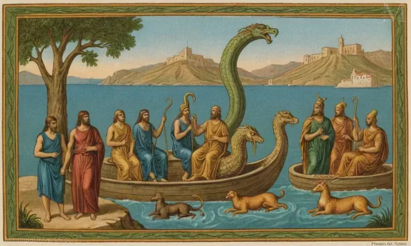 Ilustración de culto y rituales dedicados a Argos, deidad griega asociada a comerciantes y rutas comerciales en Argos antiguos.