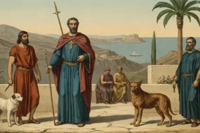 Ilustración vintage de Argos custodiando Panoptes y Mito/Origen como fuentes griegas.