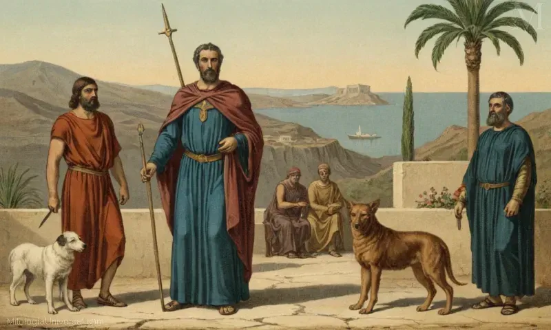 Ilustración vintage de Argos custodiando Panoptes y Mito/Origen como fuentes griegas.