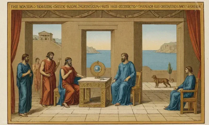 Ilustración con Hera (diosa del matrimonio y el parto) e Io (su sirviente cautivo), representando el mito griego antiguo. La imagen representa Panoptes, una figura de la filosofía griega que representa el conocimiento y la observación, simbolizando la génesis del pensamiento griego.