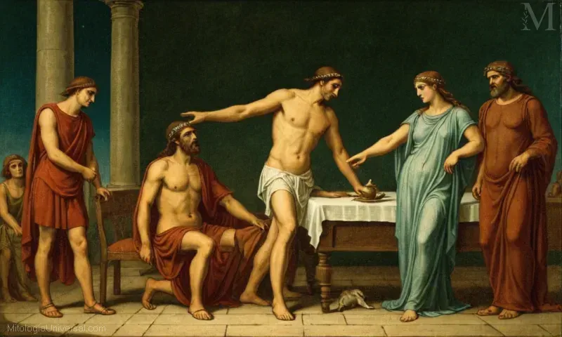 Ilustración vintage de la mitología griega sobre los mitos discutiendo la astucia de Hermes y Argoss muerte causada por Panoptes. Se traduce a Mercurios truco astuto, muerte de Argoss causada por Panoptes - mito y origen antiguo.