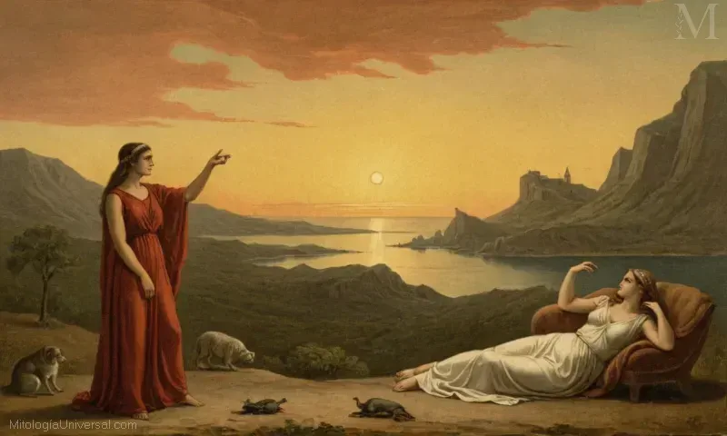 Vintage ilustración de la historia de Ariana y su amor por Endymion, sus vidas se convirtieron en maldiciones al romper las normas sociales. Es un resumen de una narrativa mítica que a menudo se encuentra en la literatura griega antigua que se detiene en temas de amor prohibido, restricciones sociales y traición.