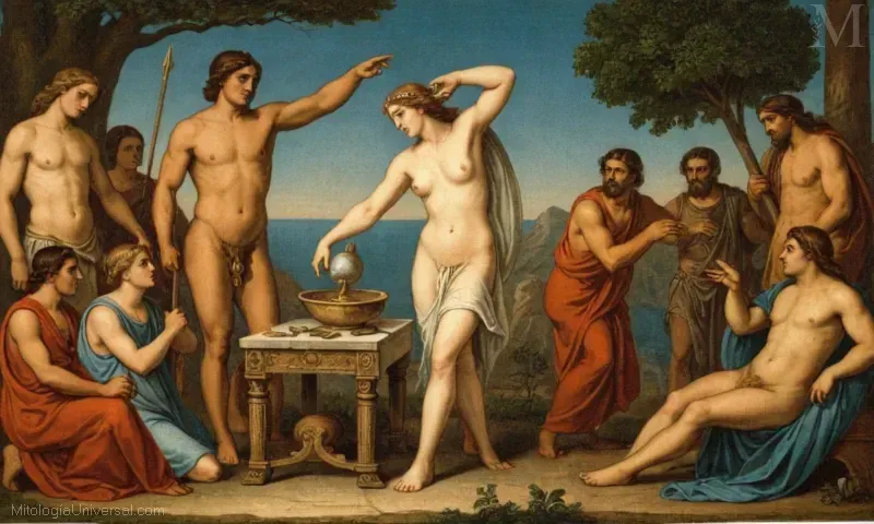 Vintage ilustración de Aion de la mitología griega representando el tiempo y la existencia cíclica. Aion se deriva del griego para eon, que abarca tres mil años. Arion es un término relacionado con el diphthong, en este caso refiriéndose a la corteda de canto de poeta (Arión) en la historia. Este texto explora los orígenes de estas figuras con la cosmología griega como material fuente.