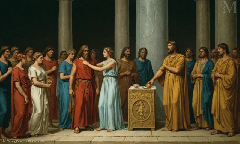 Ilustración vintage que representa rituales y culto asociado con Aion/Arion en la mitología griega - origen de los griegos.