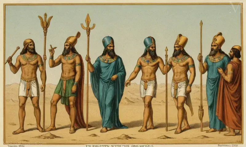 Ilustración vintage de Orígenes Míticos y relación con otros dioses de la deidad egipcia Asclepio, conocido como el Dios de Medicina y Saneamiento.