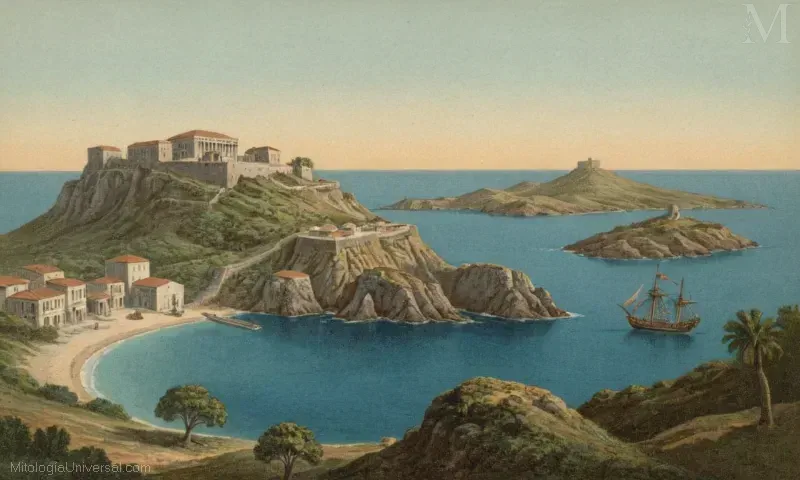 Ilustración vintage Ortynxs tres islas hermanas de la mitología griega - isla de los Muertos (Asteria), isla de Delos, y isla de Ortygia. El texto sugiere una referencia visual a la transformación de Asteria en estas tres islas diferentes en la Mitología griega.