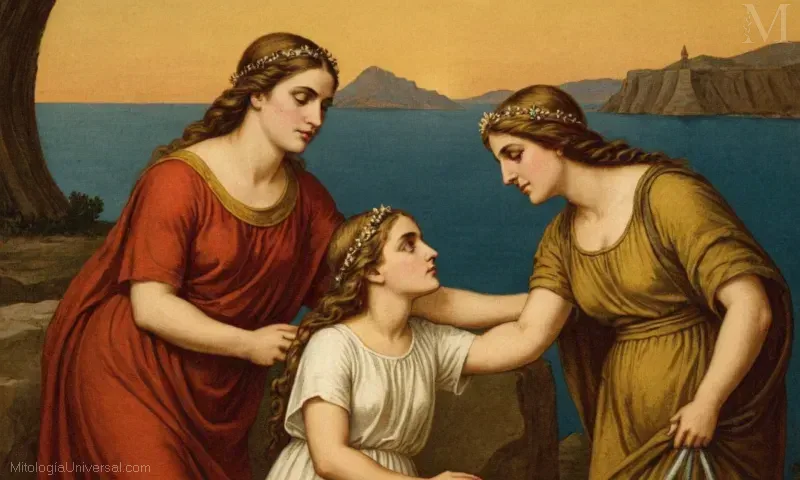 Ilustración vintage que representa La Búsqueda de Favor Divino y el mito griego de Zeuss hija Asteria. Esto es en español pero se puede entender como La Divina Búsqueda de Bendición y el mito griego de una hija llamada Asteria que fue transformada por Zeus.