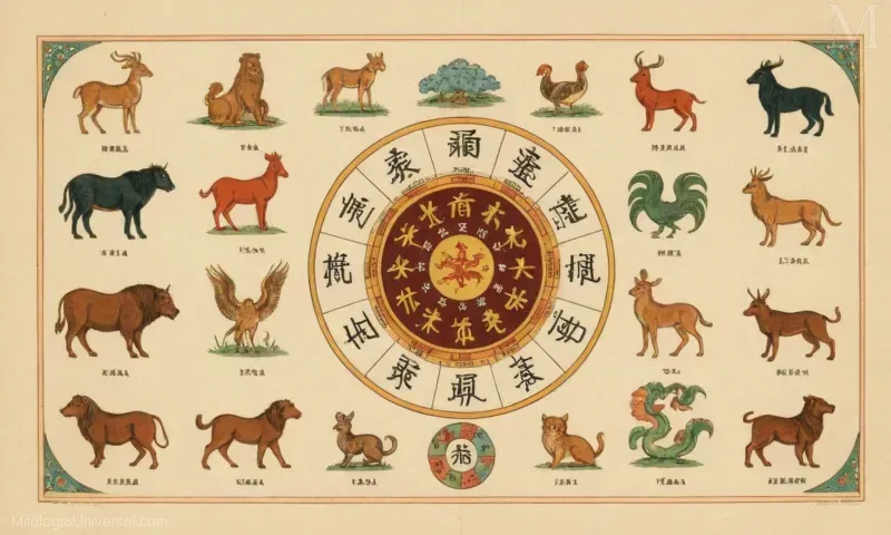 Imagen vintage de Yintang o Ten Caracteres Astrología de la astrología china. Representa los 12 signos animales con sus correspondientes elementos y predicciones para futuros eventos según el horóscopo chino.