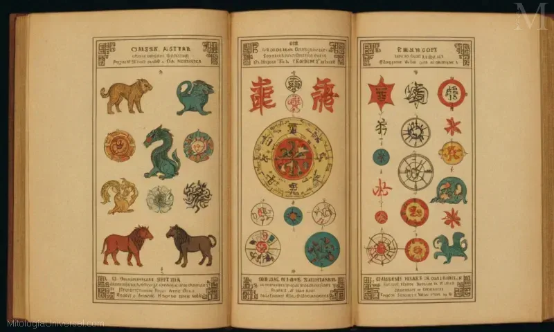 Libro vintage con secciones sobre astrología china incluyendo signos, elementos y predicciones.