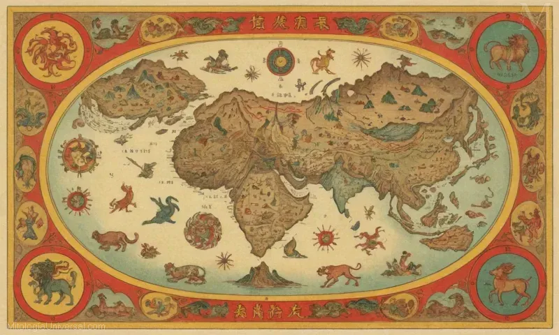 Ilustración vintage de un mapa de horóscopo chino que muestra señal, elemento y predicción para cada signo zodiaco. Observe el uso de estilo artístico antiguo con elementos de técnicas de pintura de tinta.
