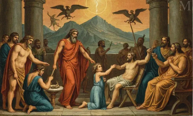 Ilustración vintage que muestra el mito y la leyenda de Zeus como relatado en El Espiral de la Locura y la Muerte de los Niños de Atamis o simplemente Zeus.