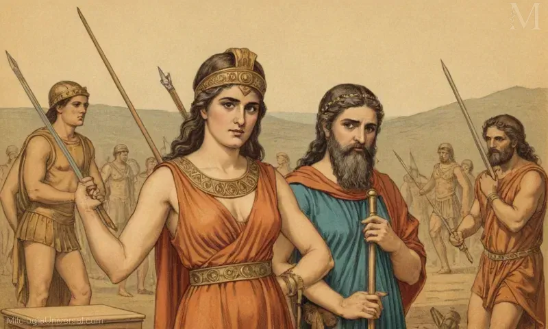 Ilustración mostrando Atenea (la diosa griega de la sabiduría y la guerra), junto con sus tributos y atributos simbólicos.