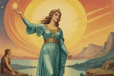 Ilustración vintage de Aurora como símbolo romano que representa el amanecer y la luz.