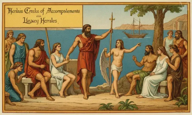 Afiche vintage ilustrado detallando historia mítica de Heracles y sus logros, incluyendo conclusión de Aves Estínfalo relativa al legado de su padre Heracles en la mitología griega.