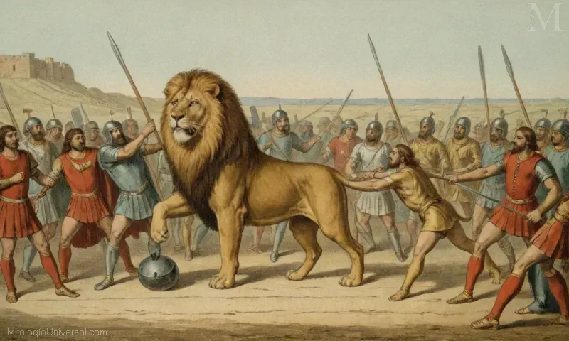Ilustración de El león de Heracles y la invencibilidad (Agesilão) de Ajax el Mayor del Iliad. Este dibujo probablemente representa a Heracles matando a un león, simbolizando su fuerza e invincibilidad en la batalla.
