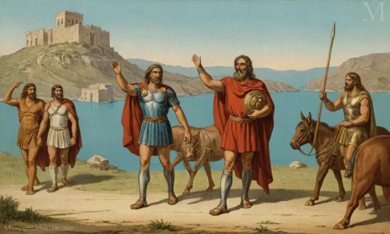 Vintages ilustraciones que representan el viaje heroico de Orígenes y Ajax en la mitología griega junto al Iliad.