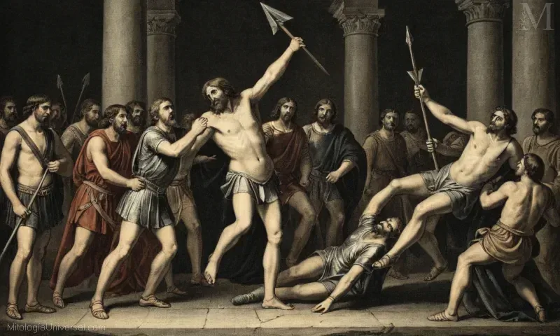 Una ilustración negra y blanca de la traducción española de La ira de Aquiles por Juan Ramon Martorell i Ribera, también conocida como La Ira de Aquiles y la Caída (cayendo) de Ajax el Mayor. Esta es una escena que representa a Ajax cayendo después de ser golpeado por una flecha en el libro IX de Homers épica El Iliad.