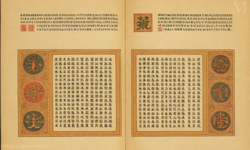 Ilustración vintage del texto antiguo detallando Significado, Historia y Leyes Universales, obra de Orígenes sobre la biografía y las leyes universales del novio (Ba en chino) del libro de la genealogía.